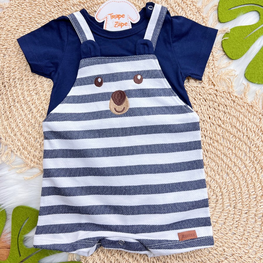 Macaquinho Curto Ursinho Listrado - Marinho Macaquinho Curto Ursinho Listrado - Marinho